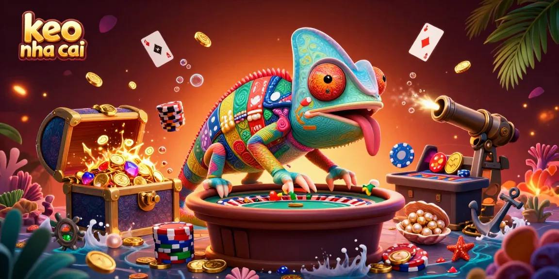 Engage with keo nha cai in a vibrant 3D casino scene featuring a colorful chameleon owner.