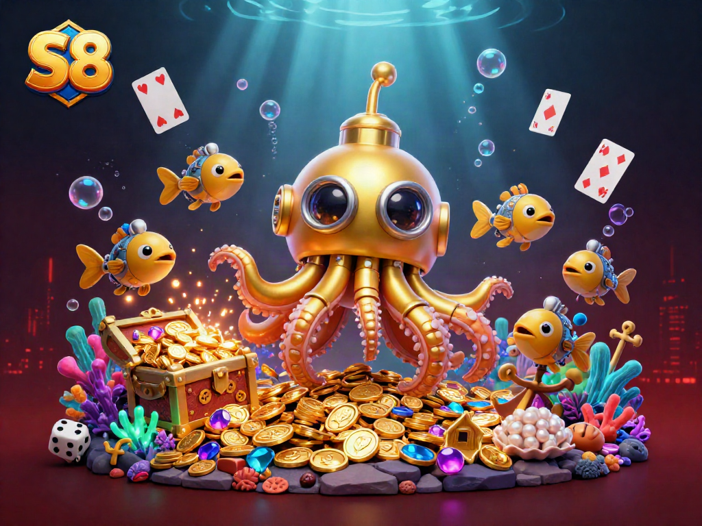 S8 casino adventure featuring a golden kraken submarine through coins, cards, and dice.