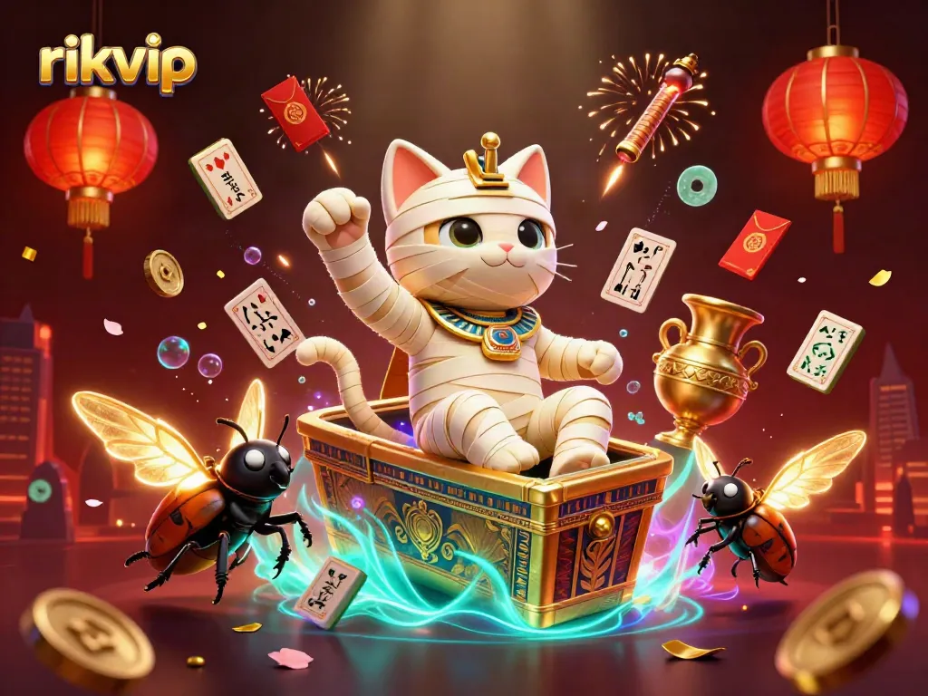 Experience the thrill of rikvip with an Egyptian mummy cat and scarab in a vibrant casino scene.