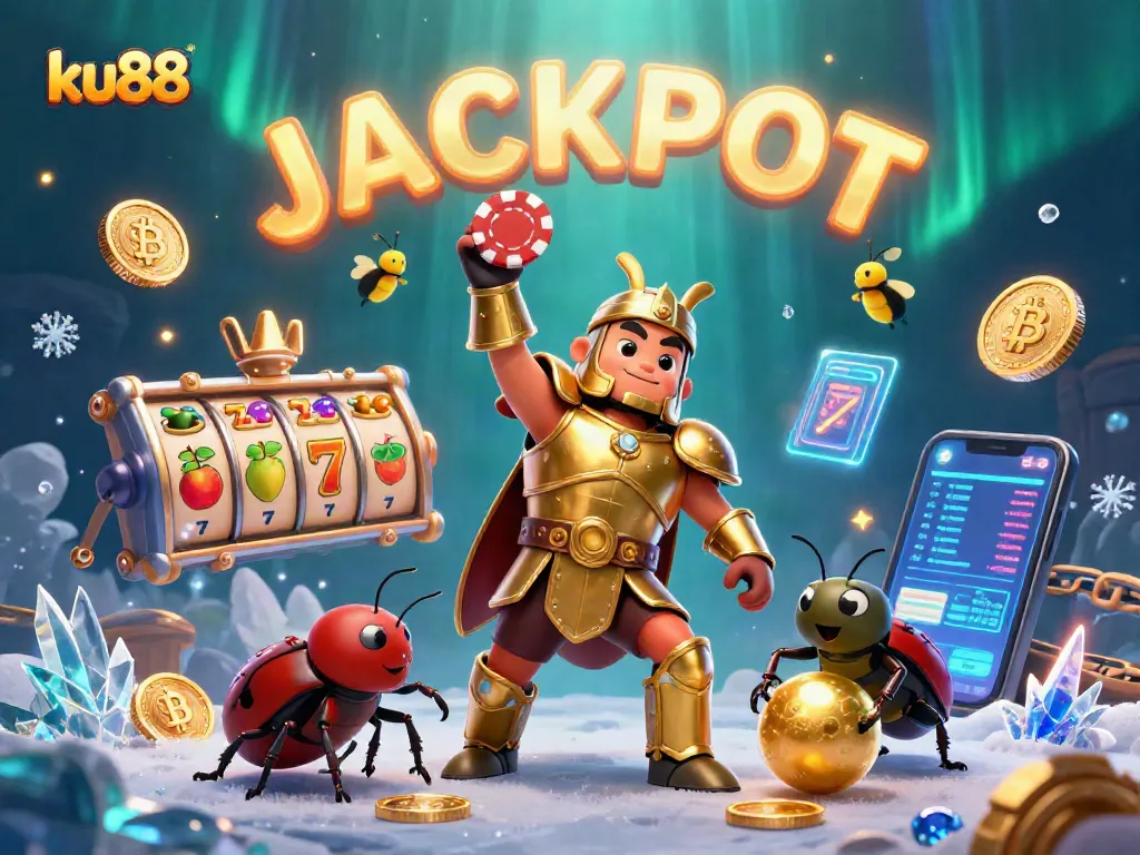 ku88 jackpots displayed with dynamic slot reels and glowing coins in an exciting casino illustration.