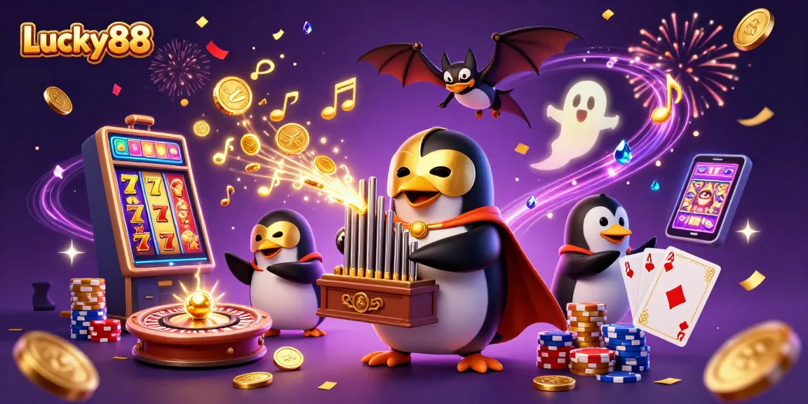 Experience the magic of Lucky88 as the phantom opera penguin plays amidst golden coins and lively slot reels
