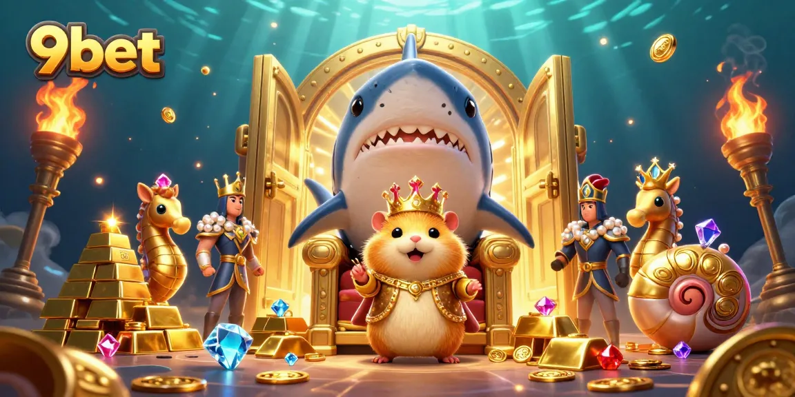 Join the 9bet adventure with a fierce golden hamster king and treasures in a vibrant casino scene.