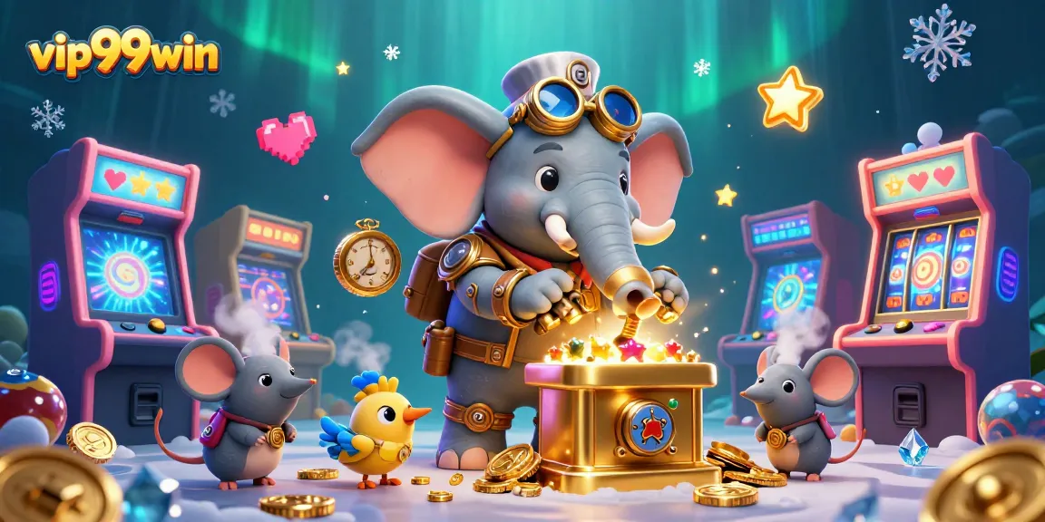 Experience exciting wins at vip99win with colorful arcade machines and steampunk casino characters.