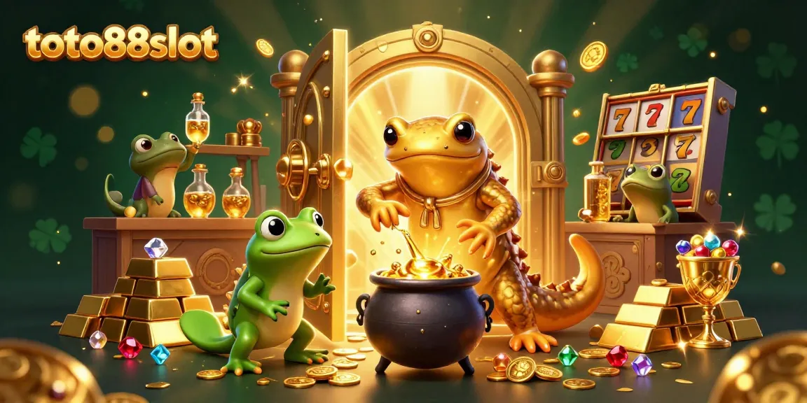Toto88slot showcases a golden salamander alchemist and frog apprentice amidst gold coins and slot reels.