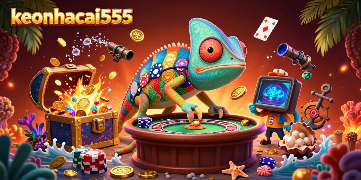 Experience the vibrant casino world of keonhacai555 with an energetic chameleon character catching coins.