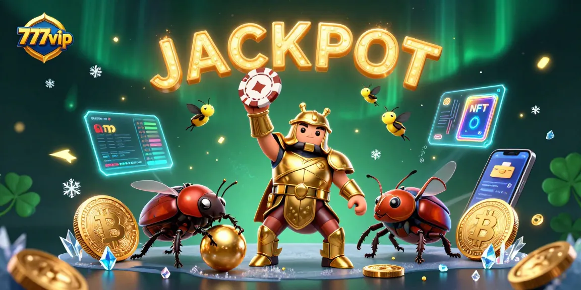 Join the excitement of 777vip as a victorious beetle celebrates poker victories amidst crypto wonders.