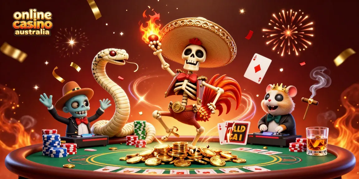 Experience excitement at an online casino Australia with a vibrant victory dance scene filled with poker elements.