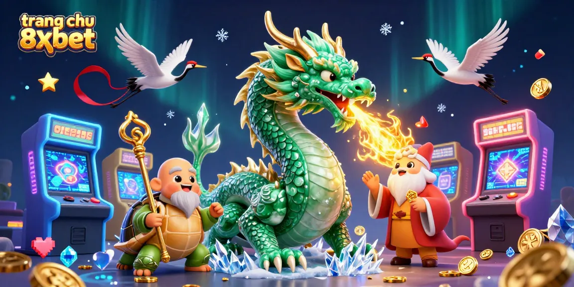Experience the vibrant energy of the trang chu 8xbet with a majestic jade dragon, a sage, and lucky cranes in a lively casino backdrop.