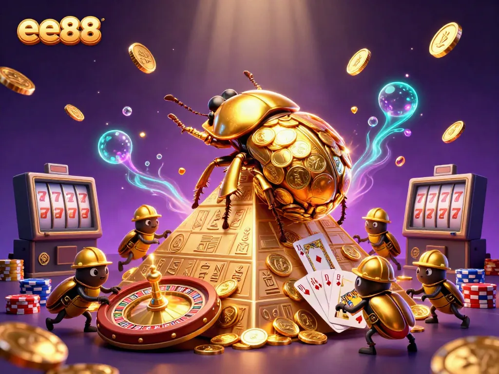 Engage with the thrilling world of ee88 casino through a vibrant scene filled with gold coins, beetles, and gaming elements.