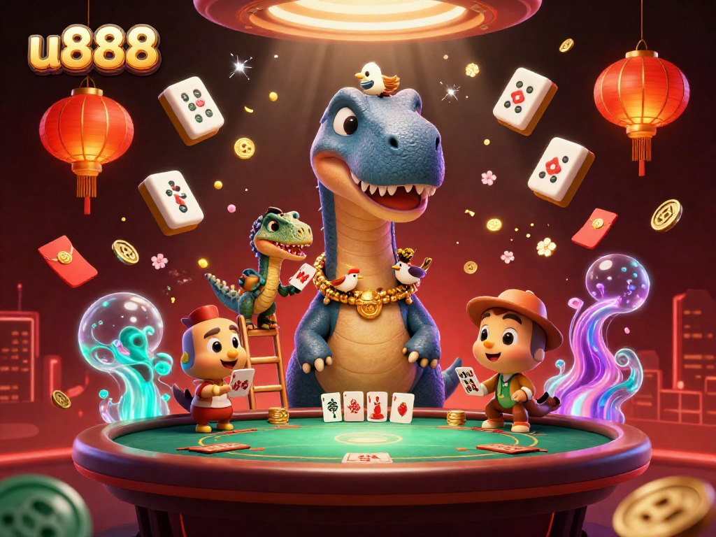 Experience thrilling action at u888 with a 3D dinosaur-themed online casino scene full of vibrant elements.