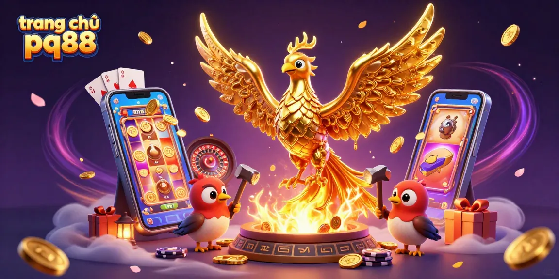 Play slots and win with trang chủ pq88, featuring a mythical phoenix and vibrant game elements.