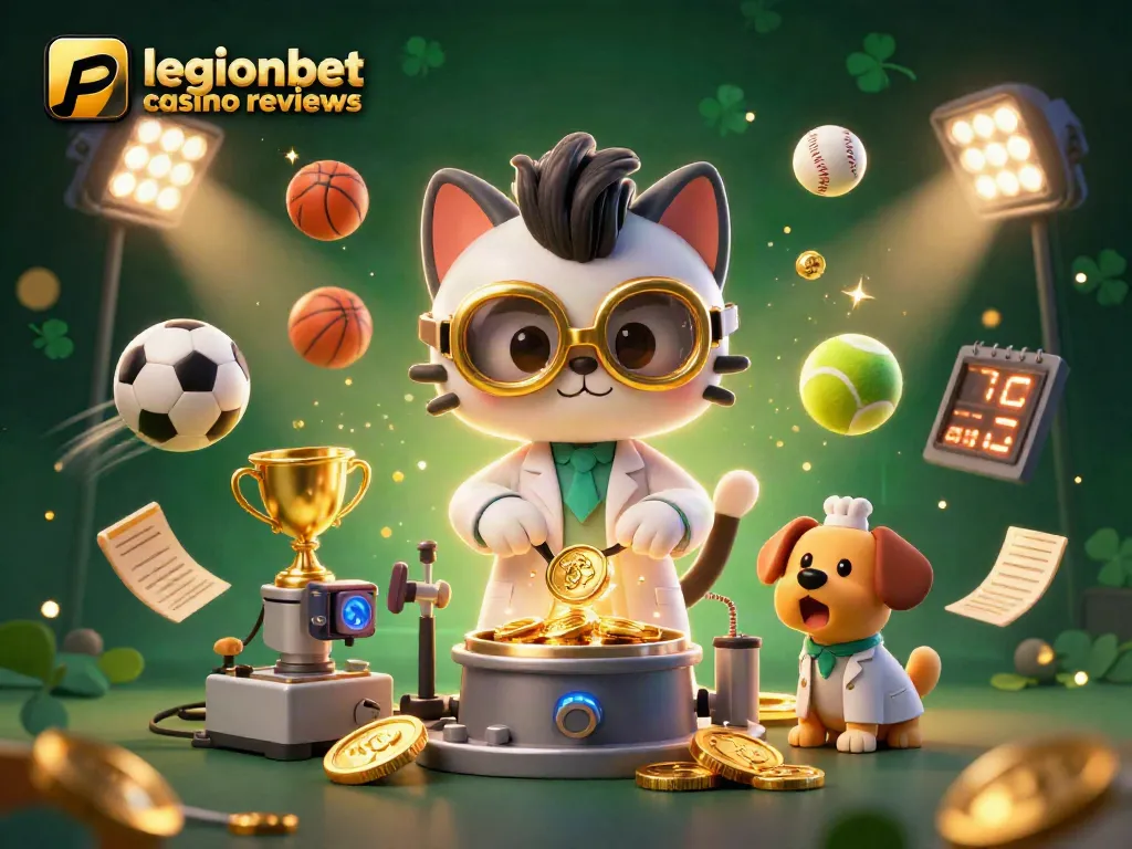 Engage with legionbet casino reviews featuring a 3D cartoon mad scientist cat creating cash rewards, surrounded by dynamic sports balls.