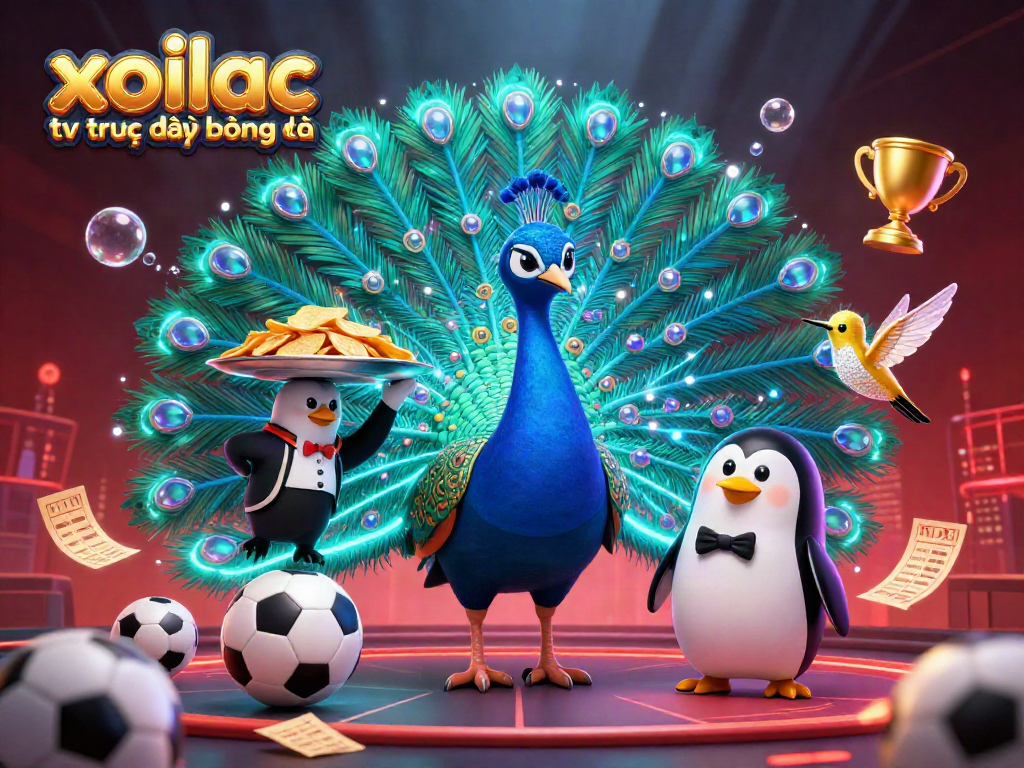 Engage in the excitement of xoilac tv trực tiếp bóng đá as a vibrant peacock, penguin, and hummingbird depict sports betting fun.