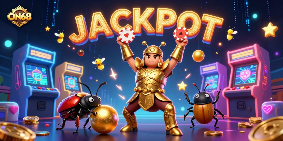 Win big at ON68 with a cartoon Hercules beetle celebrating a jackpot victory alongside a fun gaming atmosphere.