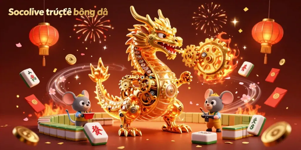 Experience the excitement of Socolive trực tiếp bóng đá with this dynamic illustration showcasing a golden dragon and gaming elements.