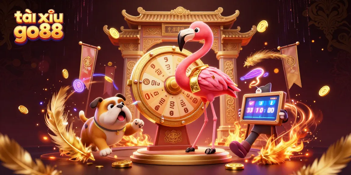 Tài xỉu go88 engaging gameplay illustrated with a dynamic game show scene featuring cartoon characters and betting elements.