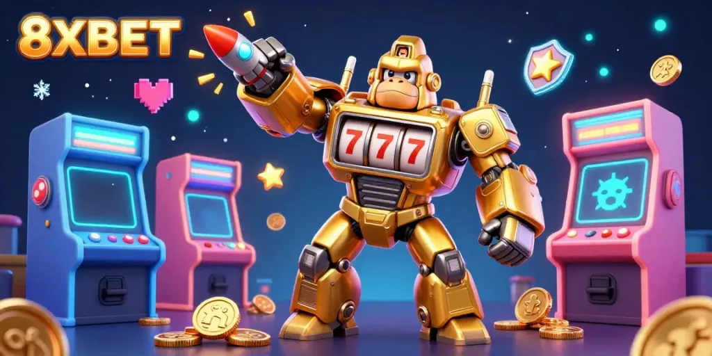 Experience thrilling gaming with 8XBET's golden mech and colorful arcade elements exploding with coins.