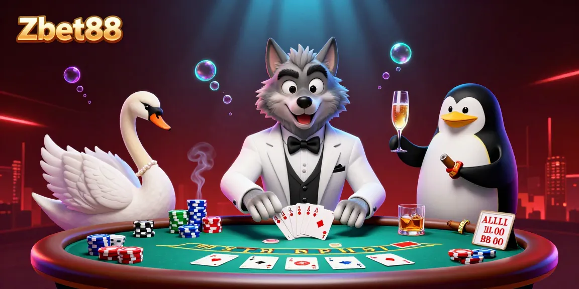 Experience Zbet88's captivating casino atmosphere with a cartoon wolf, swan, and penguin among vibrant gaming elements.