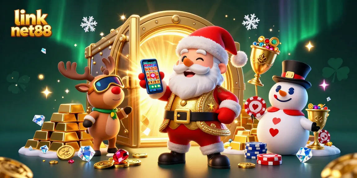Link net88 presents a festive casino scene with Santa, authentic gaming elements, and vibrant treasure.