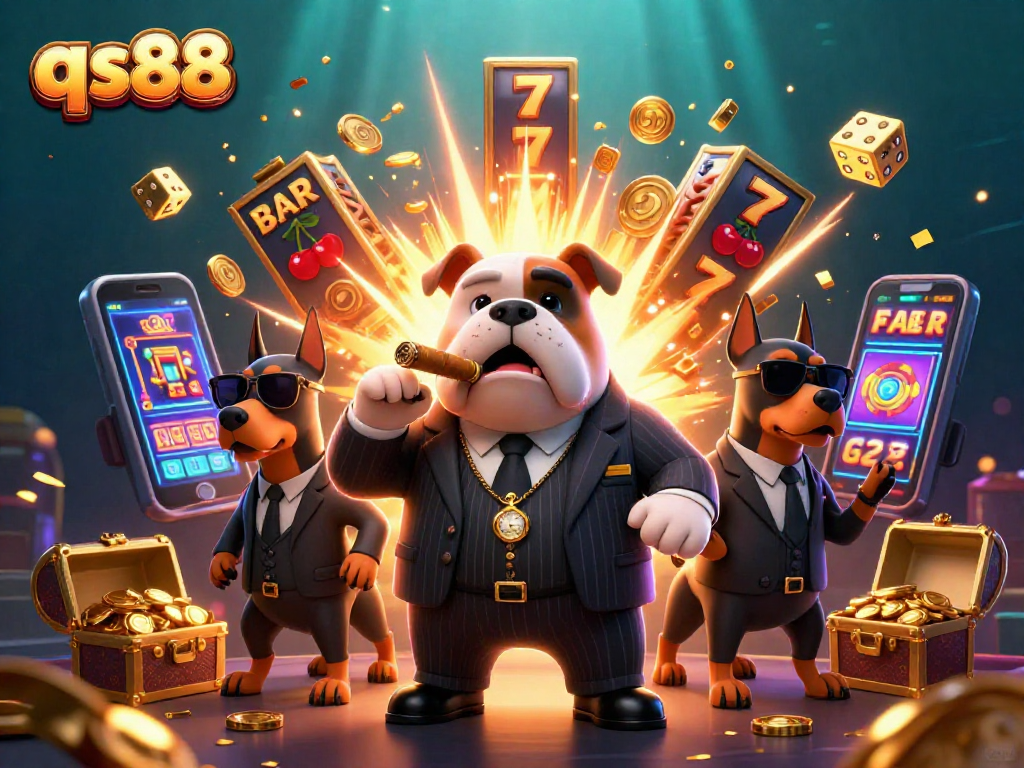 Experience the thrill of qs88 with a vibrant casino scene featuring a bulldog boss and dynamic games.