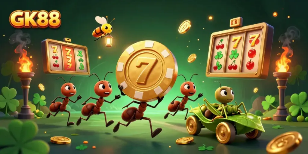 GK88 team of ants executing a heist featuring a giant poker chip amidst vibrant gambling elements.