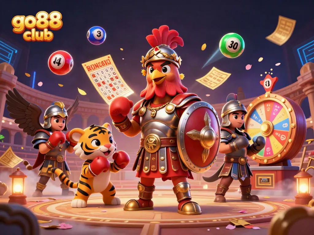 Engage with go88 club's vibrant gaming scene featuring animated gladiators and lottery elements.