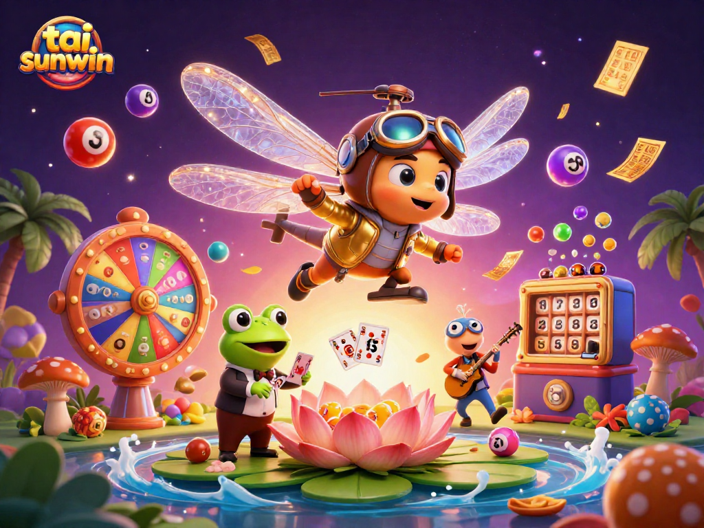 Engage in exciting tai sunwin gameplay at a vibrant lily pad casino filled with colorful lottery elements.