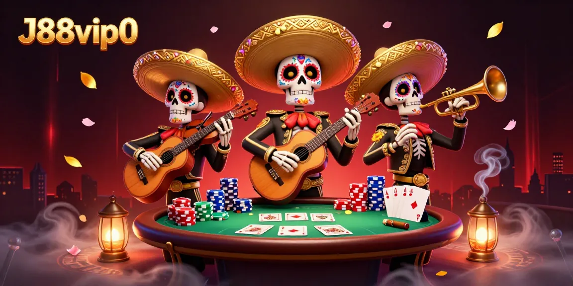 Experience vibrant gaming with J88vip0's thrilling poker scene featuring skeleton mariachi musicians.