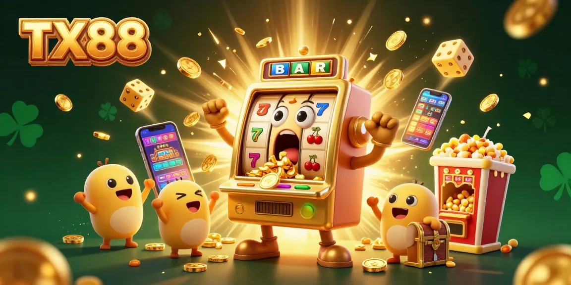 Experience the excitement of TX88 as a golden slot machine hits the jackpot amidst a vibrant casino scene.