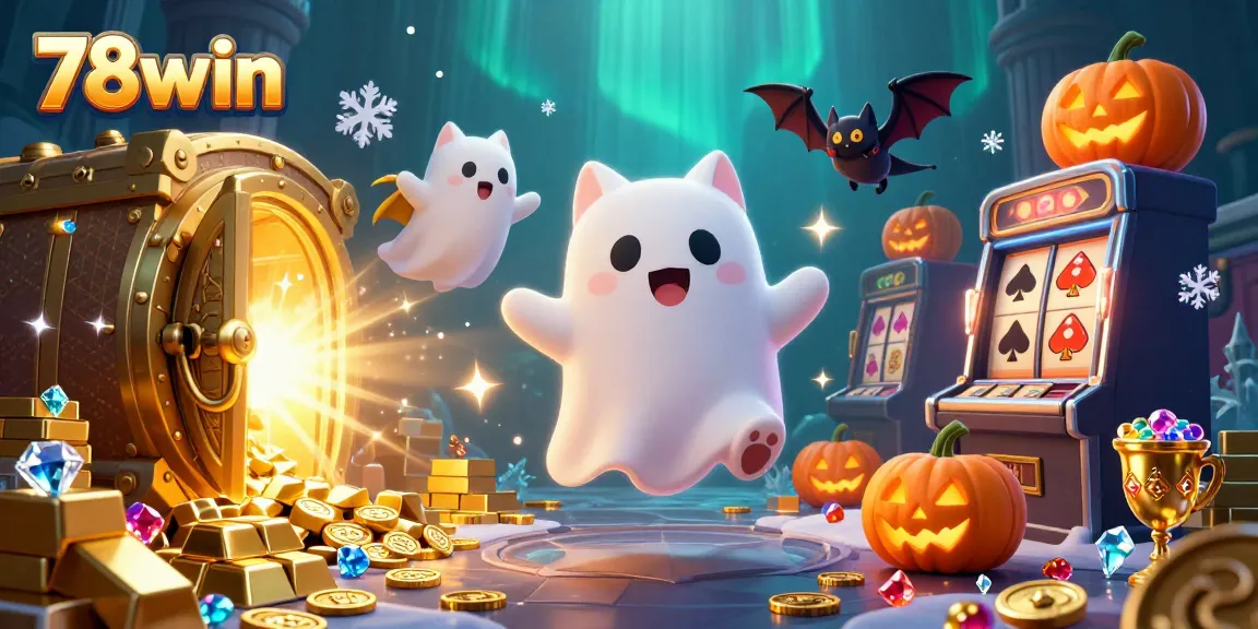 Experience the thrill of 78win's haunted casino with a ghost cat and vampire bat amidst glowing treasures.