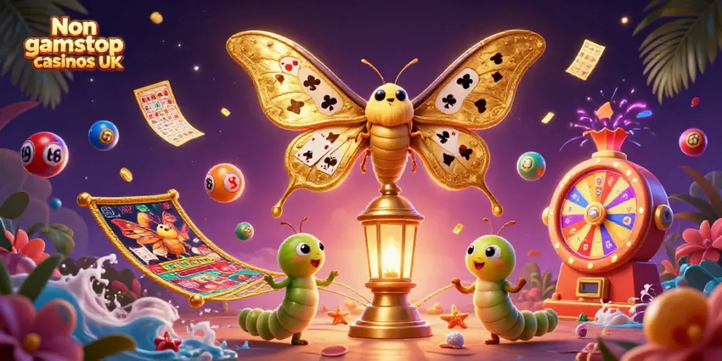 Experience the thrill of Non gamstop casinos UK with vibrant lottery elements and a captivating moth illustration.