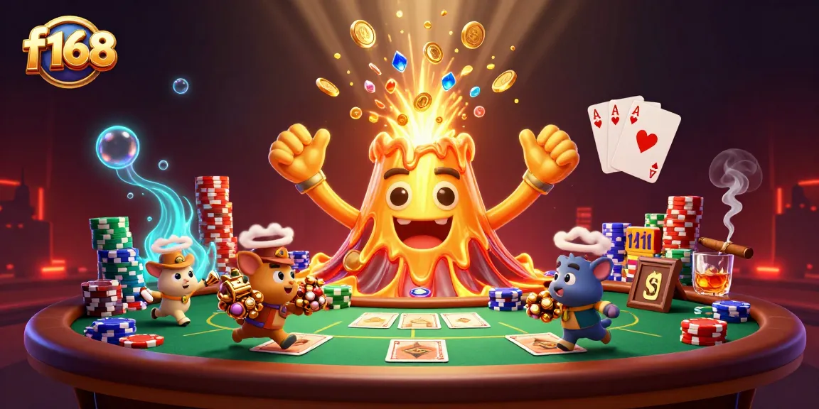 F168 casino scene depicting a golden volcano erupting with coins while players celebrate their winnings.